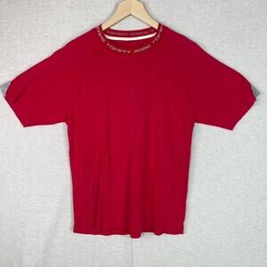 Vintage Tommy Hilfiger Mens Ribbed Tshirt Size L Red Spellout Logo 90s Preppy